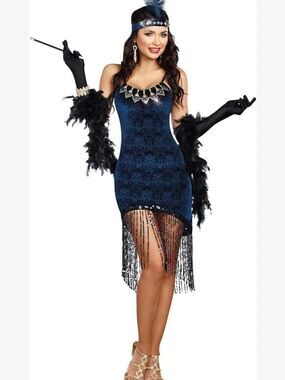 Dreamgirl Navy Blue Velvet Beaded Fringe Flapper Mini Dress